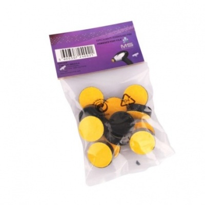 Pacote de tampas de plástico preto e amarelo com etiqueta roxa