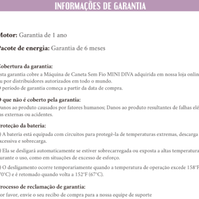 Informações de garantia em português com detalhes sobre motor, pacote de energia e proteção da bateria