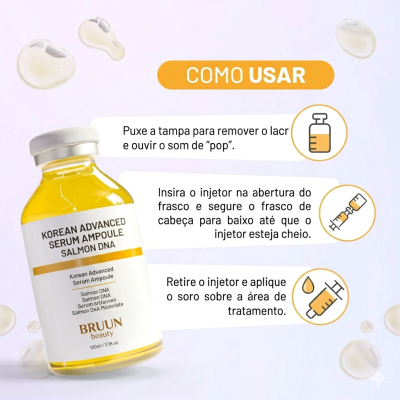 Frasco de sérum de vidro com líquido amarelo e instruções de uso em português