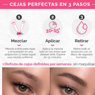Instruções para tintura de sobrancelhas em três passos com texto em espanhol e imagens de sobrancelhas antes e depois