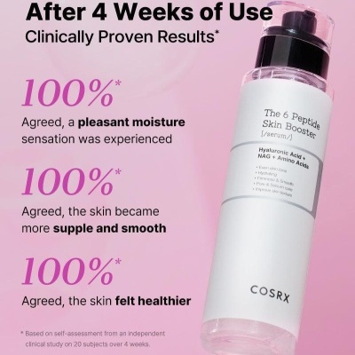 Frasco de sérum facial The 6 Peptide Skin Booster da COSRX em fundo rosa com texto promocional.