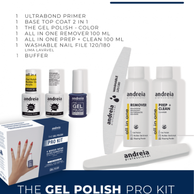 Kit de verniz gel Andreia profissional com frascos, lima e buffer.