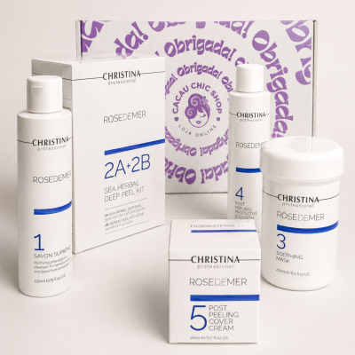 Produtos de beleza CHRISTINA professional com embalagens brancas e detalhes azuis, mostrados sobre fundo neutro com caixa de fundo com texto roxo Obrigada