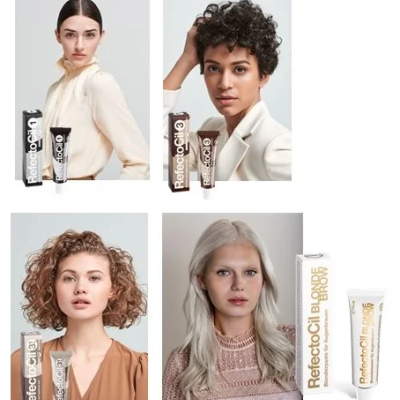 Quatro modelos com diferentes cores de cabelo com tubos e caixas de RefectoCil em fundo branco.