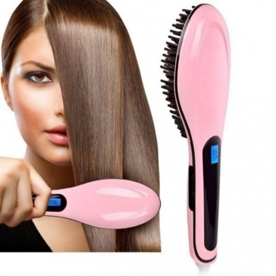 Escova elétrica alisadora de cabelo cor-de-rosa com visor digital azul