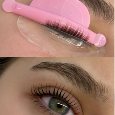 Pestanas longas curvadas com molde rosa aplicado na pálpebra