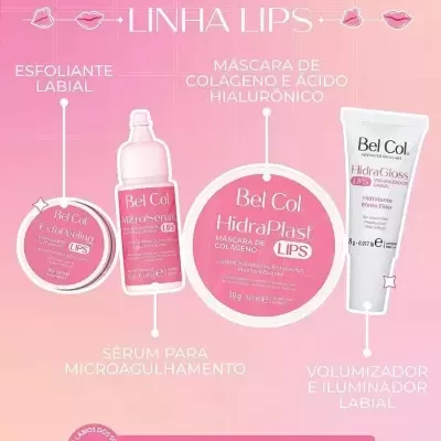 Produtos labiais Bel Col Linha Lips em embalagem rosa sobre fundo rosa