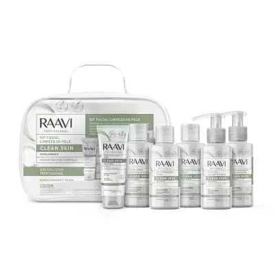 Kit limpeza facial RAAVI Clean Skin com frascos e tubos brancos e verdes