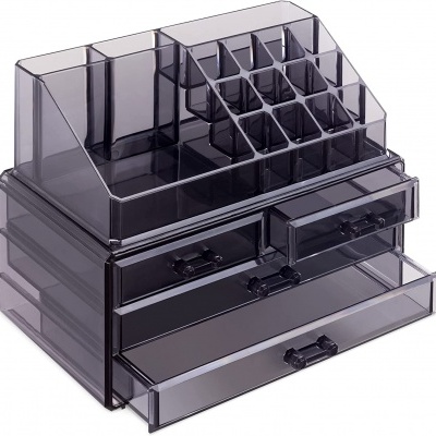 Caixa organizadora transparente de plástico fumado com compartimentos e gavetas