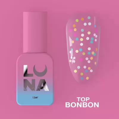 Verniz de unhas rosa e azul com amostra decorada e texto 'TOP BONBON'
