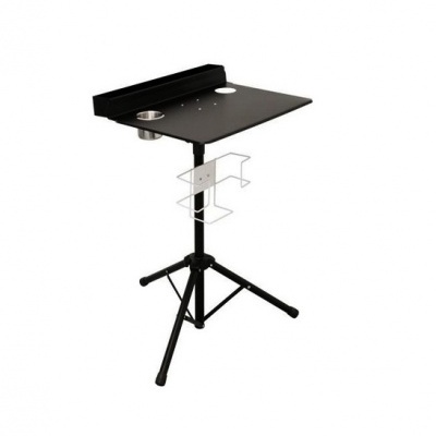 Mesa ajustável preta com base tripé e suporte metálico