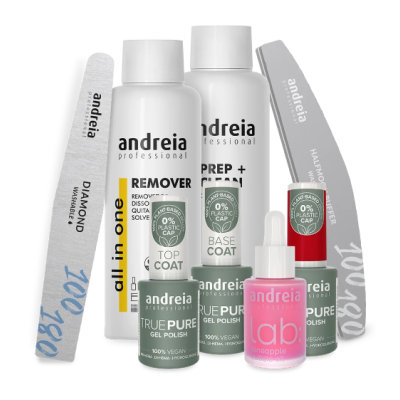 Produtos Andreia Professional para unhas com lixas e removedores em garrafas brancas e coloridas