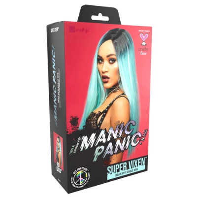 Embalagem de tinta de cabelo Manic Panic Super Vixen com imagem de mulher de cabelo azul e preto