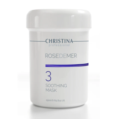 Frasco branco com rótulo azul de máscara calmante Christina ROSEDEMER.