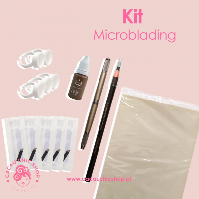Kit Microblading com anéis brancos, tintura marrom, lápis castanho, pincel, agulhas embaladas e folha plástica