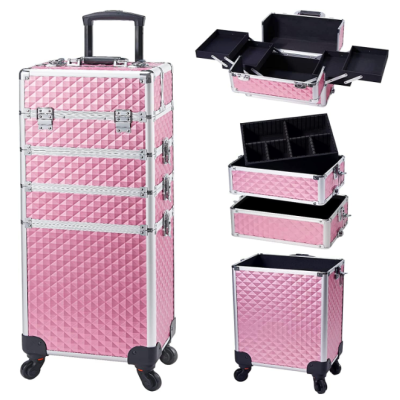 Mala organizadora rosa com rodas e compartimentos internos