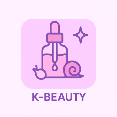 Ícone frasco conta-gotas rosa com caracol e texto K-BEAUTY