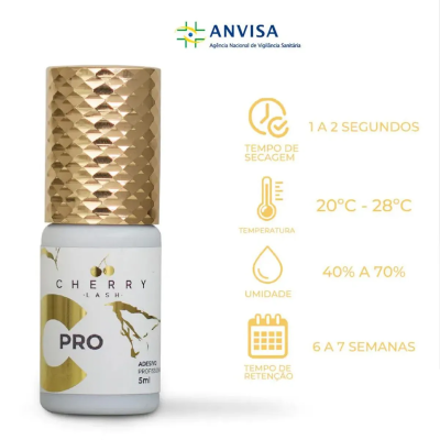 Frasco pequeno de adesivo para cílios Cherry Lash PRO com tampa dourada e instruções ao lado
