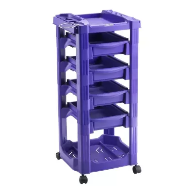 Carrinho organizador de plástico roxo com cinco bandejas e rodas