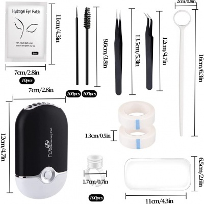 Kit de extensão de pestanas com várias ferramentas e acessórios organizados sobre fundo branco