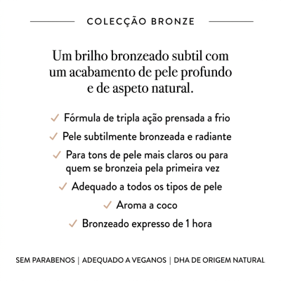 Texto promocional do Coleção Bronze com detalhes sobre brilho bronzeado, fórmula, tipos de pele e aroma