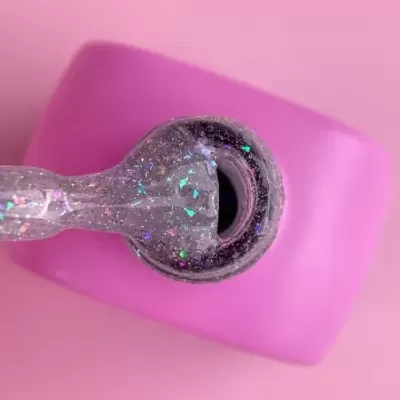 Esmalte de unhas holográfico com pincel e tampa rosa