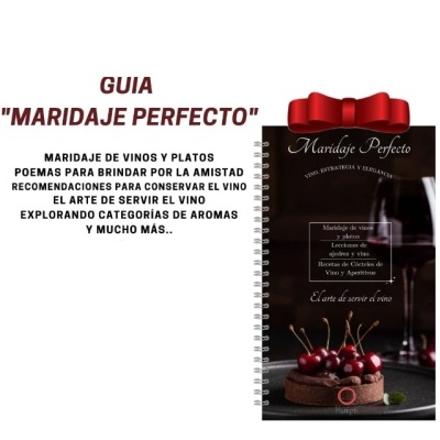 Livro 'Maridaje Perfecto' com imagem de sobremesa e texto promocional em espanhol