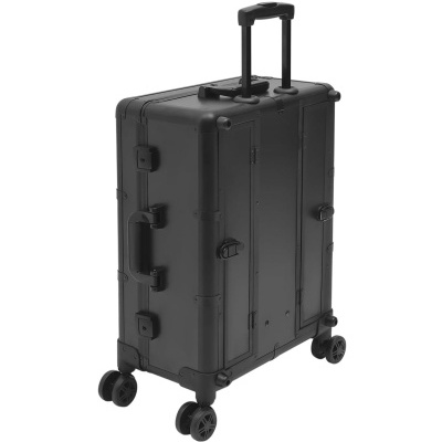 Mala de viagem rígida preta com quatro rodas e pega extensível