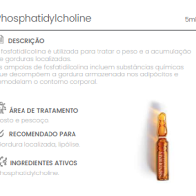 Ampola de vidro âmbar com Phosphatidylcholine e descrição em português sobre uso e ingredientes