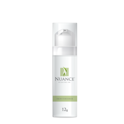 Frasco branco com doseador e rótulo com texto NUANCE, SKIN FINISHER, 12g
