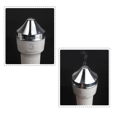 Cabeça ultrasónica branca com topo metálico prateado e marcações pretas