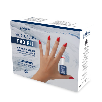 Embalaem de kit de verniz gel Pro Kit com mão com unhas vermelhas e frasco azul