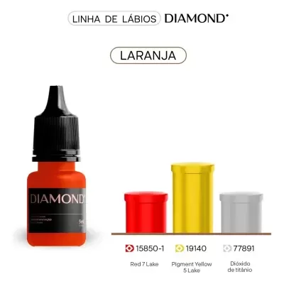 Frasco de pigmento laranja Diamond com três amostras coloridas e códigos