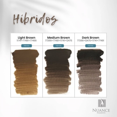 Amostras de pigmentos de maquilhagem em três tons de castanho com códigos, título Hibridos e logótipo Nuance Pigments.