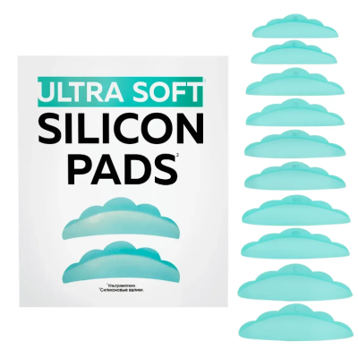 Embalagem de pads de silicone azul claro e 10 almofadas azuis organizadas ao lado