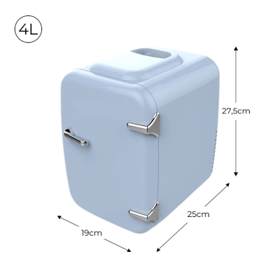Mini frigorífico azul claro 4L com alça prateada e dimensões 19x25x27,5cm