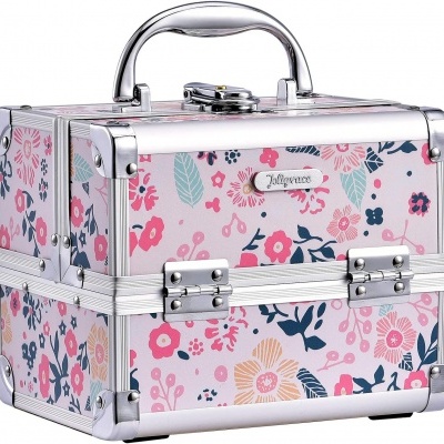 Mala de maquilhagem com padrão floral e estrutura metálica prateada