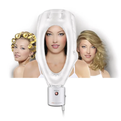 Dispositivo insuflável branco para cabelo usado por mulher com duas outras mulheres loiras em diferentes penteados ao fundo