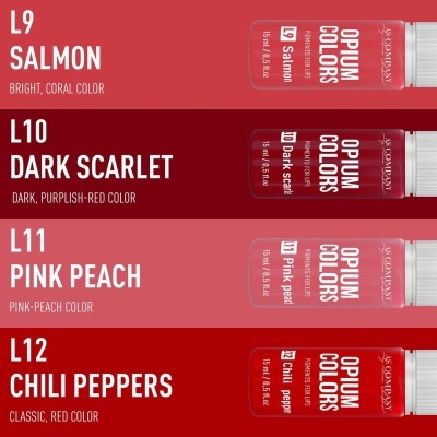 Pigmentos para lábios Opium Colors em quatro cores em fundo vermelho