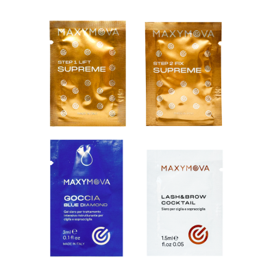 Maxymova Supreme Discovery, detalhe das saquetas Step 1, Step 2, Goccia Blue Diamond e Cocktail