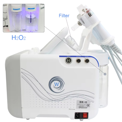 Equipamento médico branco com detalhes em azul, etiquetas Filter e H2O2, rótulo com texto em chinês.