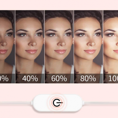 Cinco fotos da mesma mulher com níveis de brilho diferentes e um dispositivo branco com botão circular embaixo.