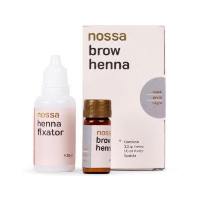 Produtos para sobrancelha Nossa Brow Henna com garrafas e embalagem