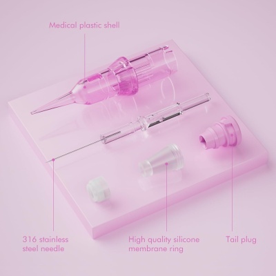 Componentes médicos em plástico e aço inoxidável sobre base rosa