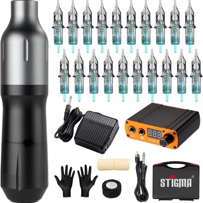 Kit de máquina de tatuagem com agulhas, controladora, pedal, luvas e mala preta STIGMA