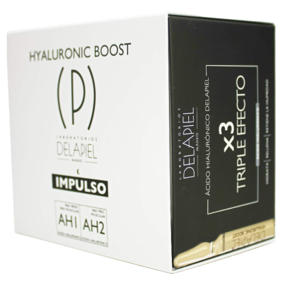 Caixa branca e preta de produto cosmético com texto e frasco visível