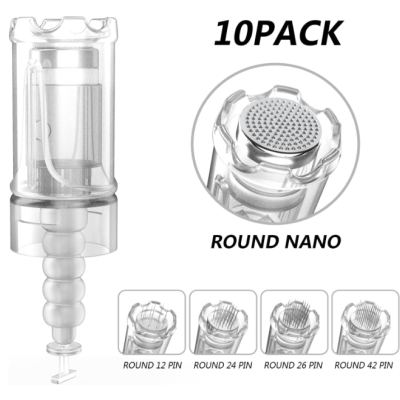 Conjunto de 10 ponteiras para máquina de tatuagem, transparentes, com texto indicando ROUND NANO e outros tipos de agulhas.