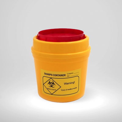 Recipiente amarelo para resíduos perfurantes com tampa vermelha e etiqueta de aviso biológico