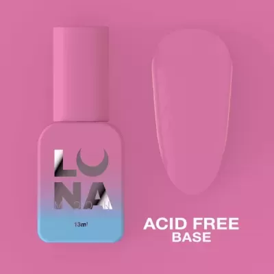 Frasco de verniz de unhas rosa degradê com texto ACID FREE BASE e amostra da cor