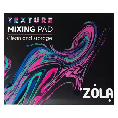 Embalagem preta com padrão colorido e texto em branco TEXTURE MIXING PAD.